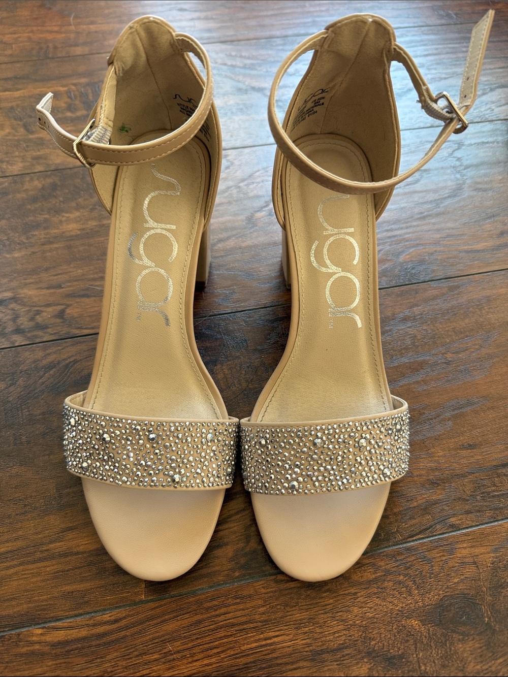 Sugar Nude Crystal-Ankle Strap Block Heels